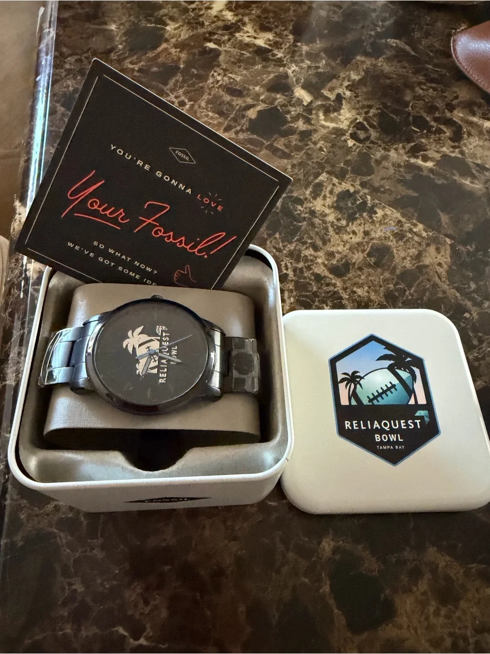 NWT FOSSIL Men's Black Reliaquest Bowl Promotional Quartz Wrist Watch,